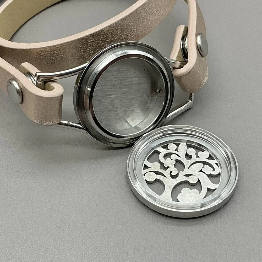 Bracelet Silver Beige Leather Wrap Tree Of Life Diffuser Locket Womens Jewelry